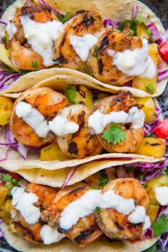 Closet Cooking: Jerk Shrimp Tacos with Pineapple Salsa, Slaw and Pina Colada Crema