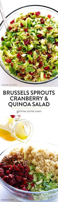 Brussels Sprouts, Cranberry Quinoa Salad -- healthy, easy to make, and SO tasty! | https://gimmesomeoven.com