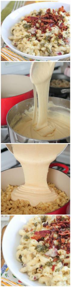 Bacon Pesto Mac and Cheese--made this with the mac n cheese recipe on this board and then added the bacon and pesto & cooked up chicken and onions and mixed it all together. YUM.