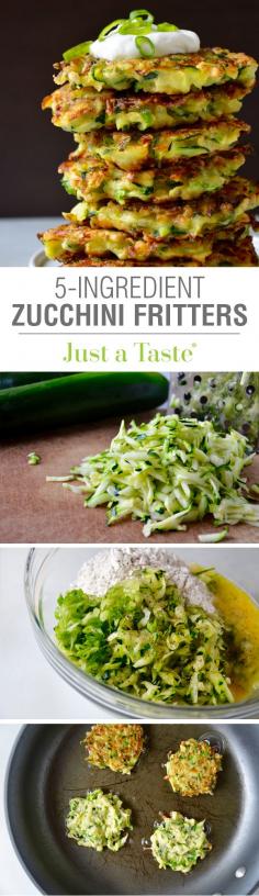 5-Ingredient Zucchini Fritters #recipe via justataste.com Substitute coconut flour for flour, coconut oil for veggie oil
