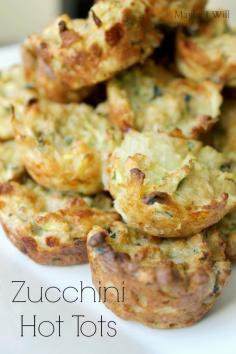 Makes 24 Hot Tots  2 cups zucchini, grated 2 eggs 1/2 of an onion, diced and sauteed in 1 TBS Butter 1/4 cup Mozararella cheese 1/4 cup freshly grated Parmesan cheese 1/2 cup dry Italian it breadcrumbs  kosher salt and pepper to taste  Preheat oven to 400 degrees  1. Squeeze Zucchini of excess water and pat dry  2. Saute onions in butter until translucent  3. Mix all ingredients together and put into prepared mini muffin pan   Bake 15-18 minutes