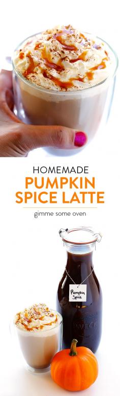 
                    
                        Learn how to make this favorite fall drink at home!  It's quick and easy to whip up, it's made with real pumpkin, and it's much cheaper than the coffee shop version. | gimmesomeoven.com
                    
                