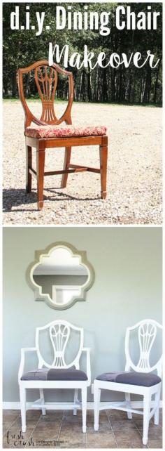 WHAT?!  You gotta see what she used instead of fabric, for this fun dining chair makeover! Get Grandma's tired old set out of storage, and into this century!  Full Tutorial by Fresh Crush for Designer Trapped in a Lawyer's Body.