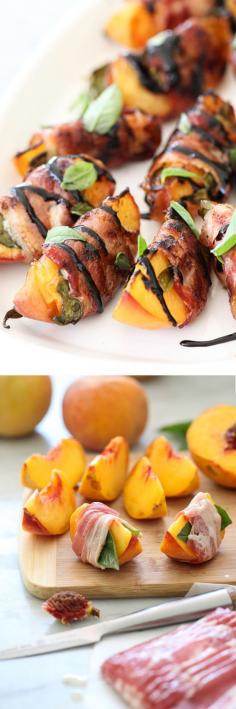 bacon basil peaches with thick balsamic drizzle