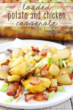 
                    
                        Make this Loaded Potato and Chicken Casserole tonight! Seasoned potatoes and chicken are baked together and then topped with plenty of cheese, green onions and bacon! #BaconMonth2015
                    
                