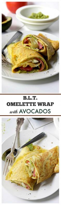 {USA} B.L.A.T. Omelette Wrap | www.diethood.com | Egg omelette topped with an avocado spread, bacon, lettuce, tomato, and rolled into a wrap.