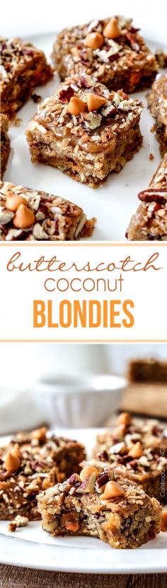 
                    
                        NO MIXER, easy soft, chewy, Butterscotch Coconut Blondies infused with butterscotch chips, toasted coconut and pecans topped with the most incredible Butterscotch Glaze!  best blondies ever!
                    
                