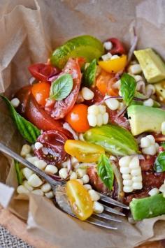 tomato, corn, and avocado salad