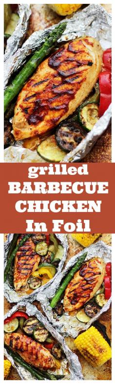 Grilled Barbecue Chicken and Vegetables in Foil - Tender, flavorful chicken covered in sweet barbecue sauce and cooked on the grill inside foil packs with zucchini, bell peppers and asparagus.  http://innovativebalance.com/ @InnovativeBalance @InnovativBalanc #InnovativeBalance #InnovativBalanc
