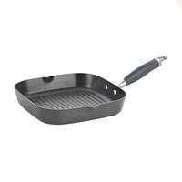 Bring juicy, grilled flavors into the comfort of the kitchen with the Anolon Advanced Hard-Anodized Nonstick 11-Inch Deep Square Grill Pan with Pour Spouts. This square grill pan features heavy-duty, hard-anodized construction for even heat distribution and exceptional cooking performance, and boasts ridges on the interior cooking surface to create attractive grilling marks on free-range chicken breasts and more. A channel around the pan sides collects and holds rendered fats and other unwanted liquids away from food, and the pair of corner spouts allow easy pour off when the cooking is done. PFOA-free restaurant-tested DuPont Autograph 2 nonstick surface inside and out is metal utensil safe and stands up to the rigors of a professional kitchen. Best of all, cleanup is effortless. The grill pan's revolutionary rubberized stainless steel Anolon SureGrip handle provides a confident yet soft grasp when turning juicy, grass-fed burgers. The comfortable handle is also dual riveted for extra strength and oven safe to 400 F. Along with the rest of the Anolon Advanced Cookware line, this grill pan works well with saucepots, cookware sets and other items in the Anolon Advanced collection.