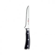 Boning & Fillet Knives - The essential knife for deboning chicken, ham and roast and trimming fats and sinews. This reliable Classic Ikon boning knife features a tapered, pointed blade to work closely around joints. Handmade in Germany since 1814, Wusthof cutlery is prized by the world's top chefs for restaurant and home cooking. The Classic Ikon line is precision forged of high-carbon, stain-resistant steel and skillfully honed by hand. The innovative handle design features a double bolster and triple rivets for long-lasting comfort and durability. 5" blade. Product Features Precision forged from one-piece of steel for greater stability and sharpness Precision hand-honed, high-carbon, stainless-steel blade resists rust and stains Laser-controlled blade edges stay sharp longer with a more consistent blade angle Synthetic handle features a double bolster and triple rivets Ergonomically designed handle offers a smooth, comfortable grip Dishwasher-safe, but hand-washing recommended Made in Germany Li - Specifications Model: 4616 Blade Length: 5" Overall Length: 10 1/2" Weight: 4 1/2 oz. Material: high-carbon stainless steel; synthetic handle Care Instructions Wusthof cutlery is dishwasher-safe but hand-washing is recommended. In the dishwasher, your Wusthof knife may bang against other cutlery or pots and pans and knick the blade. Clean knife with a wet cloth and dishwashing detergent. Dry immediately. Dry from the back of knife to the blade. No metal is completely stain-free. To prevent slight tarnishing, be sure to remove acidic foods (lemon, mustard, ketchup, etc.) from the blade after use. If blade should show some signs of staining, clean with a non-abrasive metal polish. To prevent irreparable blade damage, it is best to store your knife in a knife block or in-drawer knife tray.
