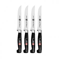 Steak Knives - Ultra-sharp steak knives effortlessly slice through thick cuts of meats and even vegetarian entrees. Introduced in 1976, the Four Star line is today's most popular upscale knife series. Celebrated professional chefs helped design the Four Star knives that blend a classic design and precision forging with a comfortably safe grip. This German-made 4-Piece set features high-carbon, no-stain steel blades, ice-hardened for superior strength and sharpness. Since 1731, the famous TWIN logo has represented superior quality for professional chefs and serious cooks worldwide. Product Features One-piece precision forging ensures higher blade stability and lasting sharpness Friodur ice-hardened knife blades offer greater resistance to corrosion and pitting Hand-honed, high-carbon stain-steel knife blades protect against rust and stains Laser-controlled knife edges stay sharp longer with a more consistent blade angle Ergonomically designed knife handles offer a smooth, comfortable grip Seamless poly - Specifications Model: 39190-000 Length: blade 4 1/2", overall 8 3/4" Weight: 2 oz. each Material: ice-hardened high-carbon stainless-steel blades with polypropylene handles Use and Care Henckels knives are dishwasher-safe but hand washing is recommended. In the dishwasher, your Henckels knives may bang against other cutlery or pots and pans and knick the blades. Wipe the knives clean with a wet cloth and dishwashing detergent. Dry immediately. Dry from the back of each piece toward the blade tip. No metal is completely stain-free. To prevent slight tarnishing, be sure to remove acidic foods (lemon, mustard, ketchup, etc.) from the blades after use. If blades should show some signs of staining, clean with a non-abrasive metal polish. To prevent irreparable blade damage, it is best to store knives in a knife block.