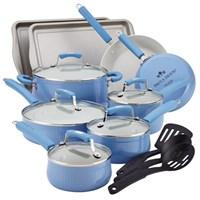 Saucepans, stockpot, skillets, saute pan, lids, tools Aluminum construction with a satin ivory interior Contoured, dual riveted handles Cookware is oven safe up to 350 degrees FDishwasher safe for easy cleaning Limited lifetime warranty. Beautifully designed with clean lines scalloped exterior, and a soft blue color, you'll fall in love with cooking all over again with the Paula Deen Aluminum Savannah Collection 17 pc. Cookware Set - Blueberry. Every piece you need for your kitchen is included. Crafted from durable aluminum construction that heats quickly and evenly, the nonstick satin ivory finish on the interior provides excellent food release. Make breakfast in the skillets, cook up Paula's Onion Relish in one of the saucepans, and use the large stockpot for your family's favorite soups and stews. Contoured handles are dual riveted for additional strength and comfort, and shatterproof glass lids allow cooking to be monitored without heat or moisture loss. This set also includes a trio of essential Paula Deen Signature Tools in durable nylon, and a pair of her signature nonstick carbon steel cookie pans. The cookware is oven safe to 350 degrees and the bakeware is oven safe to 500 degrees. Additional Features Aluminum construction heats up evenly and quickly Long lasting nonstick interiors for easy food release Dual riveted handles are strong and comfortable Set includes 2 nonstick carbon steel cookie pans Bakeware oven safe up to 500 degrees F Beautiful porcelain enamel scalloped exteriors Beautiful light blue color adds warmth to your kitchen Shatterproof glass lids form a tight seal Lids lock in heat and moisture Set Includes:1-Quart Covered Saucepan 1.5-Quart Covered Saucepan 2-Quart Covered Saucepan 6-Quart Covered Stockpot 3-Quart Covered Saute Pan 8-Inch Skillet 10-Inch Skillet Paula Deen Nylon Slotted Turner Paula Deen Nylon Slotted Spoon Paula Deen Solid Spoon 2 10 x 15 inch Savannah Collection Cookie PansAbout Paula DeenSouthern cooking queen Paula Deen is known to millions as a popular TV show cooking host on the Food Network, as well as a bestselling author. The Georgia native parlayed a home-based meal delivery service into her successful Lady and Sons restaurant in Savannah, Ga. In 2008, Deen partnered with Meyer Corporation to launch a line of signature cookware, bakeware, kitchen tools, and accessories, which are used by home cooks everywhere.