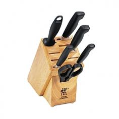Designed in cooperation with professional chefs, the Four Star series was first introduced in 1976 and today remains a favorite all over the world. This line is a great way to start your first serious cutlery collection and makes a thoughtful gift for the cook on your list. Using an exclusive Sigmaforge process, each knife is precision-forged from a single piece of Friodur ice-hardened high-carbon stainless steel for corrosion resistance, unmatched stability, lasting sharpness, and perfect geometry. The virtually unbreakable, colorfast polypropylene handles are permanently bonded to the knife blades without any gaps. This means the knives are completely sanitary. In addition, the bolster and full stick tang provide weight, ensure safety, and add balance. Elegant 7-piece set is a great addition to any household and includes:3" Paring Knife9" Sharpening Steel5" Serrated Utility KnifeKitchen Shears6" Utility Knife8" Chef's KnifeHardwood block with steak knife slots Lifetime warranty. Hand wash. Made in Solingen, Germany.