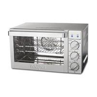 Microwave, Convection & Toaster Ovens - The Waring Pro oven exceeds the capabilities of a traditional oven, performing essential functions to bake, broil, roast and convection bake (1.5 cu. ft. oven also includes rotisserie function). Toasts bread evenly, convection bakes a pizza or dessert, roasts a beef tenderloin or small ham. With heating elements on the top and bottom, this convection toaster oven cooks food fast and evenly. This countertop oven features function dial controls that audibly click at each setting, replicating the dials on a conventional oven for ease in use. Roast poultry, bake a casserole or broil New York strip steaks, with the convenience of countertop cooking and a glass door to monitor cooking progress. With the efficiencies of a conventional oven, this convection toaster oven features power on and temperature-ready lights, 120-minute timer and durable, tempered glass door. Temperature range to 500 F. Multiple rack positions to cook more at once, save energy and time. Three shelf positions for 0.9 cu. - Specifications Materials: stainless-steel, glass and plastic 1700 watts Made in China 5-year limited motor manufacturer warranty 0.9 cu. ft. oven Model: CO1000 Exterior: 20 1/2"W x 20 1/2"D x 12 1/4"H Interior: 14"W x 10 3/4"D x 7 3/4"H Interior capacity: 0.9 cu. ft. Cord: 33"L Weight: 34-lb. 1.5 cu. ft. oven Model: CO1600WR Exterior: 24 1/2"W x 23"D x 14 1/4"H Interior: 17"W x 12"D x 9 3/4"H Interior capacity: 1.5 cu. ft. Cord: 33"L Weight: 47-lb. Care and Use Dishwasher-safe rack and baking tray (spit, skewers and handgrip, included with 1.5 cu. ft. oven) Wipe clean oven