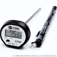 So simple to use-just switch this digital thermometer on insert the 4-3/4-inch stainless-steel probe into any food hot or cold and in no time an accurate reading appears to one-tenth of a degree Fahrenheit. The LED display registers temperatures ranging from -40 to 302 degrees Fahrenheit making the thermometer useful for testing everything from hard ice cream for Baked Alaska to a large roast. Since the thermometer head is not oven-proof the device should not be left in foods during cooking. Turning off the thermometer saves battery power but the only drawback to this product is that the on/off switch is tiny and difficult to move. The protective sheath for the thermometer features a pocket clip and loop to conveniently hold the probe and lists various types of meats along with the USDA recommended internal temperature for each. Clean the thermometer carefully by hand to avoid immersing the head in water. A five-year warranty covers the thermometer against defects. On/off switch conserves battery Digital cooking thermometer gives accurate reading Displays to one-tenth of one degree; easy to use and read Insert into meats removed from oven grill or microwave Temperature range is 40 to 302 degrees Fahrenheit