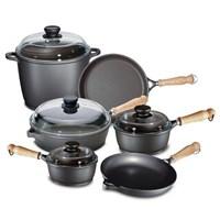 Welcome to Range Kleen, a dynamic assortment of range accessories, bakeware, kitchen gadgets, storage solutions items to manage an On-The-Go lifestyle, pot racks, stainless steel and cast iron cookware. Range Kleen's philosophy? Take Care of The Customer, by designing and updating products to add comfort and convenience, as well as fun to your life. Our number one goal is to make Range Kleen the Heart of Your Home. Our Tradition ten piece set includes 9.5 inch and 11 inch skillets; a 9.5 inch saute pan with glass lid; 1.25 quart and 2 quart saucepans with glass lids; and a 10 quart stock pot with glass lid. Our set provides a wonderful basis for cooks seeking to upgrade their home cookware or as a great starter set for couples just starting out! Vacuum-pressure cast aluminum is superior to stamped in both shape and thickness. Tradition cookware is guaranteed never to warp. The 3-layer nonstick interior and 2-layer nonstick exterior surfaces protect foods from sticking and burning - manufactured with Dupont Autograph 2 Gourmet Non-Stick Surface - Restaurant Tested. Tradition cookware is exceptionally easy to clean and facilitates fat-free cooking - fat-free cooking can be achieved without the addition of oil, fat or sprays. Wooden handles allow safe and easy transporting of pans, and stay cool on the stovetop so no potholders are necessary. Wooden handles can be wrapped with foil for use in oven. A light coating of food-grade mineral oil on the handle after oven use is suggested. The nonstick surface is designed to never chip, crack, blister, bubble or peel. Medium high heat will achieve great cooking results and saves valuable energy. Wooden or plastic utensils are recommended. Dishwasher clean up is not recommended for pans. Handles are designed for comfort and stability. Cast aluminum pans are ideal on ceramic, glass, and electric stovetops. For pans with lids: Glass lids are heat-resistant. Limited Lifetime warranty. Manufactured in Germany.