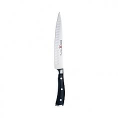 Carving Knives & Forks - Perfectly balanced for control, this hefty knife with its hollow-ground pattern of oval indentations on both sides of the blade give you an extra edge precision slicing. It also makes easy work of fruits and vegetables. Certain to be your go-to knife in the kitchen. Handmade in Germany since 1814, Wusthof cutlery is prized by the world's top chefs for restaurant and home cooking. The Classic line features cutlery that is precision forged of high-carbon, stain-resistant steel and skillfully honed by hand. The black virtually indestructible full tang handle is triple-riveted for superior strength and durability. Product Features Precision forged from one-piece of steel for greater stability and sharpness Precision hand-honed, high-carbon, stainless-steel knife resists rust and stains Hollowed edges reduce friction when slicing Computer-controlled grinding and polishing yields precise tapering of blade Laser-controlled blade edges stay sharp longer with a more consistent blade angle C - Specifications Blade: 7 3/4" Total length: 13 1/8" Weight: 8 3/8 oz. Care Instructions Wusthof knives are dishwasher-safe but hand-washing is recommended. In the dishwasher, your Wusthof knife may bang against other cutlery or pots and pans and knick the blade. Wipe the knife clean with a wet cloth and dishwashing detergent. Dry immediately. Dry from the back of knife to the blade. No metal is completely stain-free. To prevent slight tarnishing, be sure to remove acidic foods (lemon, mustard, ketchup, etc.) from the blade after use. If blade should show some signs of staining, clean with a non-abrasive metal polish. To prevent irreparable blade damage, it is best to store your knife in a knife block or in-drawer knife tray.