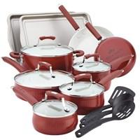 Saucepans, stockpot, skillets, saute pan, lids, tools Aluminum construction with a satin ivory interior Contoured, dual riveted handles Cookware is oven safe up to 350 degrees FDishwasher safe for easy cleaning Limited lifetime warranty. The charm and grace of the South are captured in the eye-pleasing lines, scalloped exteriors, and brilliant red of the Paula Deen Aluminum Savannah Collection 17 pc. Cookware Set - Red. Every piece you need for your kitchen is included. Crafted from durable aluminum construction that heats quickly and evenly, the nonstick satin ivory finish on the interior provides excellent food release. Make breakfast in the skillets, cook up Paula's Onion Relish in one of the saucepans, and use the large stockpot for your family's favorite soups and stews. Contoured handles are dual riveted for additional strength and comfort, and shatterproof glass lids allow cooking to be monitored without heat or moisture loss. This set also includes a trio of essential Paula Deen Signature Tools in durable nylon, and a pair of her signature nonstick carbon steel cookie pans. The cookware is oven safe to 350 degrees and the bakeware is oven safe to 500 degrees. Additional Features Aluminum construction heats up evenly and quickly Long lasting nonstick interiors for easy food release Dual riveted handles are strong and comfortable Set includes 2 nonstick carbon steel cookie pans Bakeware oven safe up to 500 degrees F Beautiful porcelain enamel scalloped exteriors Brilliant red color adds warmth to your kitchen Shatterproof glass lids form a tight seal Lids lock in heat and moisture Set Includes:1-Quart Covered Saucepan 1.5-Quart Covered Saucepan 2-Quart Covered Saucepan 6-Quart Covered Stockpot 3-Quart Covered Saute Pan 8-Inch Skillet 10-Inch Skillet Paula Deen Nylon Slotted Turner Paula Deen Nylon Slotted Spoon Paula Deen Solid Spoon 2 10 x 15 inch Savannah Collection Cookie PansAbout Paula DeenSouthern cooking queen Paula Deen is known to millions as a popular TV show cooking host on the Food Network, as well as a bestselling author. The Georgia native parlayed a home-based meal delivery service into her successful Lady and Sons restaurant in Savannah, Ga. In 2008, Deen partnered with Meyer Corporation to launch a line of signature cookware, bakeware, kitchen tools, and accessories, which are used by home cooks everywhere.