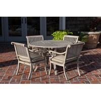 Aged Teak Wood Finish Aluminum Patio Dining Set by Well Traveled Living Our new Patio Dining Set is constructed of extruded aluminum with our unique aged teak wood finish. This set includes four armchairs with beige outdoor cushions and a 48" round table. The proprietary unique finish gives this product a most believable look of aged teak wood and is the perfect accent for any patio. Constructed of extruded aluminum, the chairs and table are lightweight yet extremely durable. Our dining set is perfect for breakfasts in the morning or a family dinner for four. This patio dining set can be used all year round and provides a maintenance free outdoor dining experience.