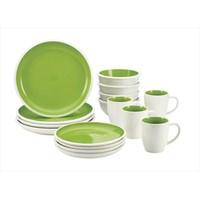 This Rachael Ray® Rise Stoneware 16-Piece Dinnerware Set stands apart with its eye-catching plates bowls and mugs. This dinnerware set comes in a variety of bold two-tone hues that add color to all types of table settings. Rachael Ray dinnerware pieces combine style and function with clever shapes that are easy to hold when eating a bowl of oatmeal in the morning or enjoying a spinach salad at lunch. The dinnerware can be used to entertain a crowd for that important special occasion or a relaxed meal during the week. The stoneware is non-reactive to foods and holds heat so a plate of bubbly mac and cheese or a cup of Rachael's Toffee Hot Chocolate will stay warmer longer. All pieces are microwave and dishwasher safe perfect for clean up after family meals or entertaining and the pattern coordinates with other great pieces from the Rachael Ray Flair collection. With a Rachael Ray Rise Stoneware 16-Piece Dinnerware Set setting the table is fun and food will look as good as it tastes. Features The dinnerware set comes in a variety of bold two-tone hues that add color to all types of table settings. Rachael Ray dinnerware pieces combine style and function with clever shapes that are easy to hold. This stoneware is non-reactive and holds heat so foods and beverages stay warmer longer. All pieces are microwave and dishwasher safe. Use to entertain a crowd for that important special occasion or a relaxed meal during the week. Oven safe to no rating. Collection - Rachael Ray Dinnerware Rise. Composition - (4) 11 in. Dinner Plates (4) 8.75 in. Salad Plate (4) 26oz Cereal Bowls (4) 12oz Mugs. Material - Stoneware. Color - Green. Capacity - Set. Dimension - 14.8 x 12.8 x 13.5 in. Item Weight - 12.3 lbs.