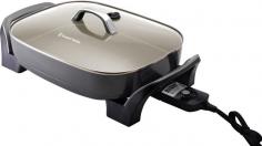 Russell Hobbs Perfect Sear Frypan - Ceramic Cooking Surface Temperature Controls Unique Grease Channel Pre-set. Take your cooking to never before heights with the Russell Hobbs Perfect Sear Frypan which boasts a range of fantastic features. The ceramic coating is scratch resistant (even with metal utensils) and is more durable than standard non-stick surfaces. Being completely free of chemicals such as PTFE & PFOA, it can safely reach higher cooking temperatures. Additionally, the digital intelli-probe allows you precise control over the cooking temperature, including a one-touch 260 C Sear function. Clevel retractable tilting feet also mean fat and grease flow away from your food and straight into the grease channel for easy cleaning & healthier cooking. Coupled with brushed stainless steel accents, the Perfect Sear Frypan combines both style and performance. Making your meals healthier, the Russell Hobbs Perfect Sear Frypan is an impressive appliance for your kitchen. Features Intelli-Probe Digital Controls - allows you to accurately control temperature Unique grease channel for healthier cooking Retractable tilting feet Tempered glass lid with adjustable steam vent Pre-set options for searing, sauteeing, browning, simmering and warming Large ceramic cooking surface (38cm x 29.5cm) One touch 260 C searing function Brushed stainless steel accents Colour: Black Model: RHEFP17 Brand: Russell Hobbs Package Contents 1 x Glass lid 1 x Frypan 1 x Users Guide