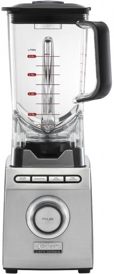 Sunbeam Cafe Series Blender - Precision Cut Stainless Steel Blades 5 Speed & Pre-programmed Settings Pulse. From the Sunbeam Cafe Series collection, this electric blender is designed to deliver the superior quality and style of a professional kitchen. This 2000W appliance features 5 speed settings plus pulse via the control dial, precision-sharp stainless steel blade system, pre-programmed blending functions and ultra durable 2-litre jug. It comes finished with a contemporary-chic stainless steel exterior. Built to last and look beautiful on your kitchen counter top, invest in only the best for your smoothies, soup and more. Buy the Sunbeam Cafe Series Blender today and create authentic café-style food and beverages at home. Features Blender 5-speed control dial - select speed based on blending task or texture of ingredients Pulse control button on dial for one-touch instant blending Pre-programmed functions - Slow Start, Smoothie and Ice Crush Heat-treated stainless steel blades - a precision cut and superior hardness Blade tip can reach speeds in excess of 300km/h DURALITE blending jug with handle - ultra durable, heat/impact resistant and lightweight Jug is made from BPA free material Non-slip feet for stable bench top positioning Lid with 60mL inner removable measuring cup Comes with processing baton for safely pushing food into blades Pre Clean function for easy cleaning Cord wrap storage in base Stylish stainless steel construction and finish Instruction manual includes recipes to try Designed and engineered in Australia Jug Capacity: 2L Power: 2000W Base Dimensions: (W) 15.5cm x (D) 19cm x (H) 22cm Jug Dimensions (excluding handle/lid): (Diameter) 14cm x (H) 26cm Cord Length: 90cm Colour: Silver-tone with black/clear Model: PB9800 Collection: Cafe Series Brand: Sunbeam This product comes with a 5-year motor guarantee and a 12-month replacement guarantee from Sunbeam Australia Package Contents 1 x Motor base with attached AC power cord 1 x Jug with blade system 1 x Lid 1 x Processing baton Instruction manual