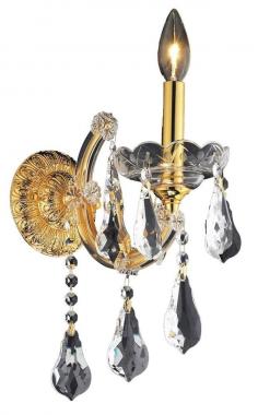 Extension: 8.5 in. Bulbs not included. Crystal Color: Crystal (Clear). Gold finish. Number of Bulbs: 1. Bulb Type: Candelabra. Bulb Wattage: 60. Max Wattage: 60. Voltage: 110V-125V. Assembly required. Meets UL & ULC Standards: Yes. 8 in. D x 12 in. H (4lbs.) Description of Crystal trim: Royal Cut, a combination of high quality lead free machine cut and machine polished crystals & full-lead machined-cut crystals.SPECTRA Swarovski, this breed of crystal offers maximum optical quality and radiance. Machined cut and polished, a Swarovski technicians strict production demands are applied to this lead free, high quality crystal. Strass Swarovski is an exercise in technical perfection, Swarovski ELEMENTS crystal meets all standards of perfection. It is original, flawless and brilliant, possessing lead oxide in excess of 39%. Made in Austria, each facet is perfectly cut and polished by machine to maintain optical purity and consistency. An invisible coating is applied at the end of the process to make the crystal easier to clean. While available in clear it can be specially ordered in a variety of colors. Not all trims are available on all models.