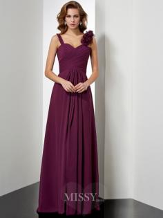 Trapézio Flores Feitas à Mão Alças Sem Mangas Chiffon Longo Vestido de Festa Cerimônia