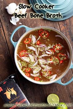 Slow Cooker Beef Bone Broth Super Easy and Healing
There are few foods that bring you so much healing proprieties in such a convenient, easily absorbed, delicious form like bone broth!
I have talked more in depth about these healing qualities in my chicken broth post.
Just to quote a few of the main benefits of beef bone broth here:
collagen and gelatin in bone broth supports hair growth and helps to keep nails strong
high in the anti-inflammatory amino acids glycine and proline
glucosamine protects and heals the mucosal lining of the digestive tract
calcium, magnesium and phosphorus help with electrolyte balance and hydration
protein helps to satisfy hunger pangs
savory flavor helps to curb cravings