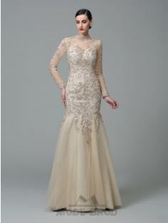 kolumn Höghalsad Lång ärm Applikation Golvläng Nät Klänningar