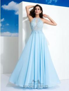 A-linjeformad Spaghetti Axelband Applikation Golvläng Chiffong Klänningar