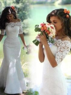Trumpet/Mermaid Off-the-Shoulder 1/2 Sleeves Lace Sweep/Brush Train Wedding Dress