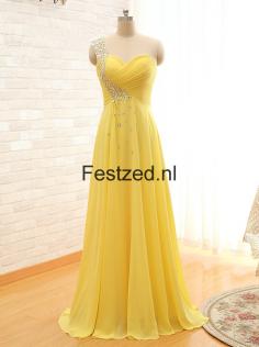 Een-schouder Liefje A-Lijn Lichtgeel Chiffon Galajurken