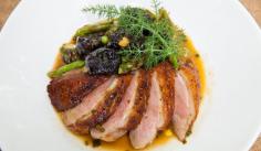Crispy Skin Duck Breast, Asparagus & Peas with a Brandy & Prune Butter Sauce