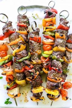 Montreal Steak and Peppers Kebabs | foodiecrush.com #steakrecipes #steakmarinade #montrealsteak #grilling