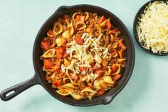 Turkish Lamb Pasta with Tomato and Cheesy Top